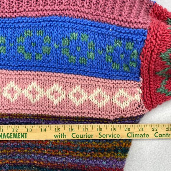 HAND KNIT Sweater Womens M Nordic Striped Jacquard Chunky Jumper Boxy Pink Blue - Picture 12 of 14